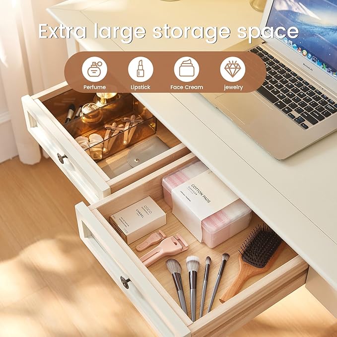 White Writing Desks with Drawers 47 Solid Wood French Country Style Computer Desk for Home Office Living Room Study or Workspace