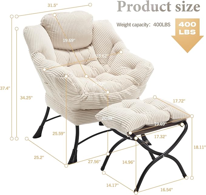 HOMEFUN Lazy Chair with Ottoman Bedroom Chairs for Adults Modern Lounge Accent Chair with Armrests Ergonomic Footrest for Small Spaces Comfy Reading Chair for Living Room Bedroom Office White