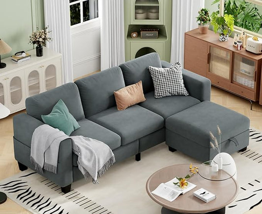 Sectional Couches for Living Room - Convertible L Shaped Couch with Storage Ottoman 3 Seater Modern Velvet Grey Sofa for Small Space Studio Basement Loft
