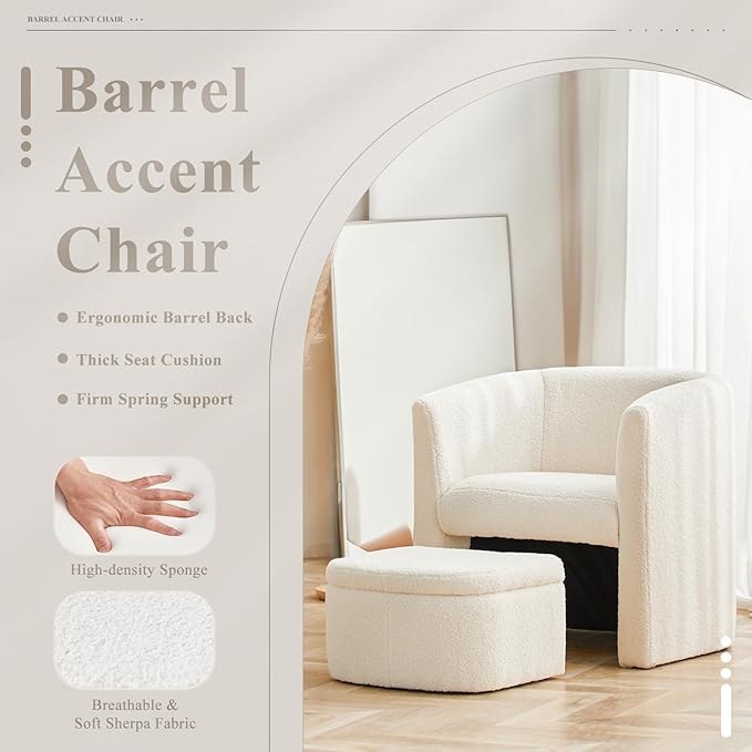 Mid-Century Velvet Living Room Chair with Storage Ottoman Space-Saving Accent Chairs for Bedroom/Reading Spaces/Office Cream