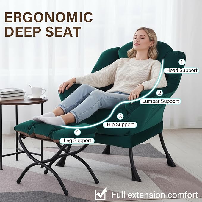 Welnow Lazy Chair with Ottoman Modern Accent Chair with Armrests and a Side Pocket Leisure Sofa Armchair Reading Armchair with Footrest for Small Space Dark Green