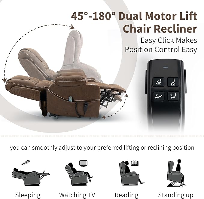 Large Power Lift Recliner Chair with Massage and Heat for Elderly Big and Tall People Dual Motor 180° Lay Flat Overstuffed Wide Leather Recliners with 2 Cup Holders Side Pocket