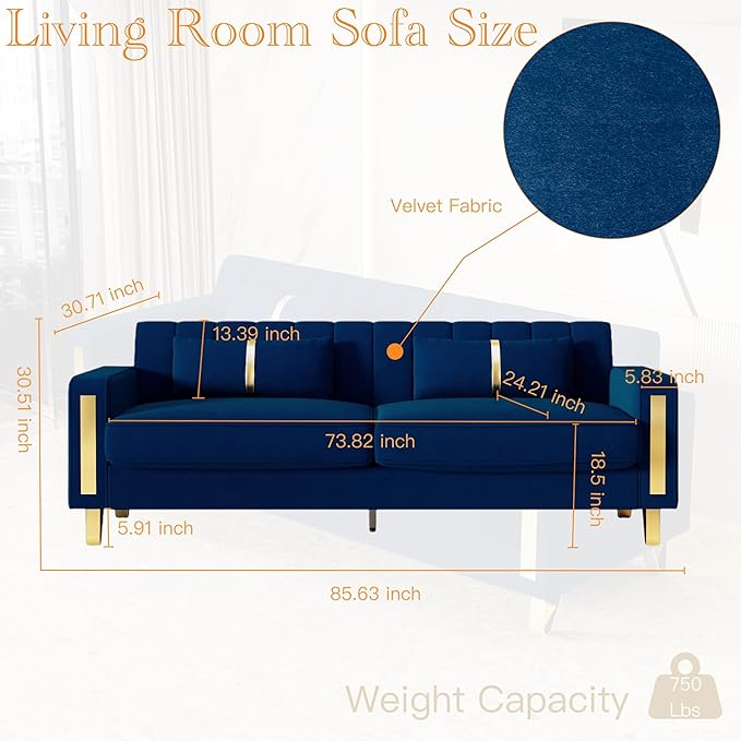 85.63 Modern Blue Velvet Sofa with Gold Metal Legs Large Upholstered Mid Century Modern Comfy 3 Seater Dark Blue Couches for Living Room (Blue)