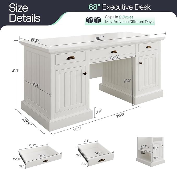 Jocisland 68 Executive Desk for Home Office &amp Study Fluted Panel Computer Table with 3 Drawers and 2 Cabinets Farmhouse Writing Desk – Pure White