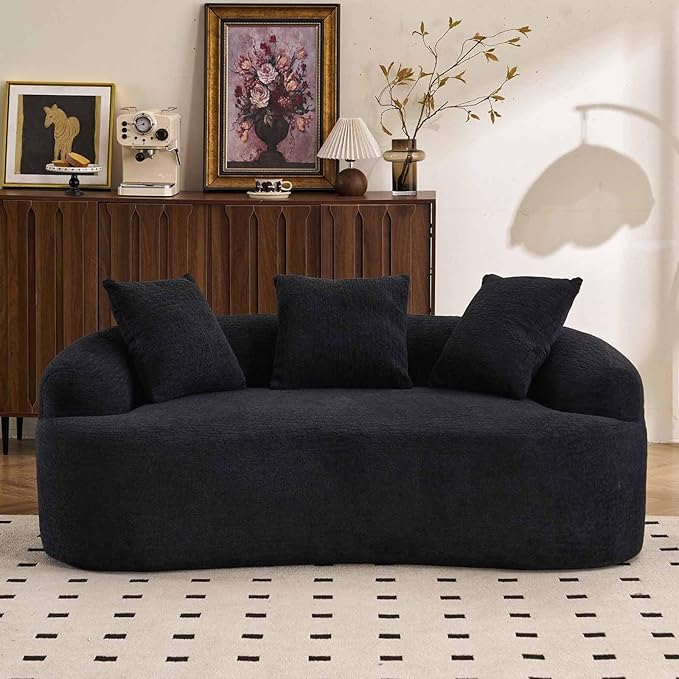 65” Black Curved Couch&amp Loveseat Sofa with 3 Pillows Compression Couch with Round Armrest Suitable for Small Space Bedroom Living Room Memory Foam Chenille No Assembly (Black)