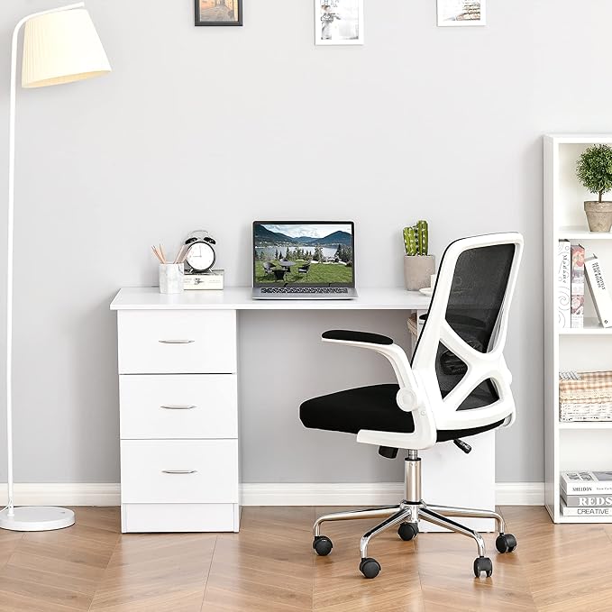 47-inch Computer Gaming Desk with Bookcase Combo Home Office Desks with 3 Drawers and Storage Shelf Wood Craft Study Table Workstation for BedroomWhite