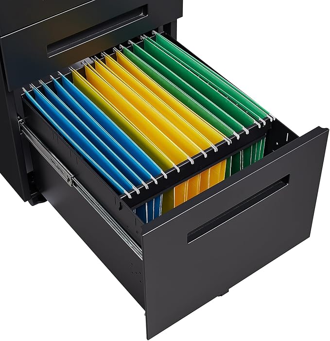 Black File Cabinet 3 Drawer Mobile File Cabinet with Lock and Wheels Under Desk Metal Filing Cabinet for OfficeLockable Rolling Cabinet with 2 Keys for LegalLetterA4 Size