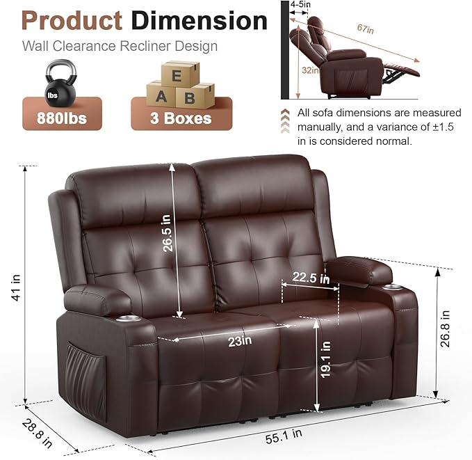 Loveseat Recliner Oversized Massage Reclining Sofa Heavy Weight Capacity RV Love Seat Chair Clearance with Storage Cup Holders Wall Hugger Couches for Living Room
