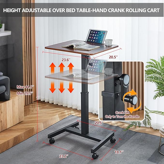 Mobile Standing DeskHeight Adjustable Overbed Bedside Table with Wheels&ampCup HolderHand Crank Sit Stand Desk and Laptop CartComputer Workstation for Home Office Classroom Hospital (Manual Walnut