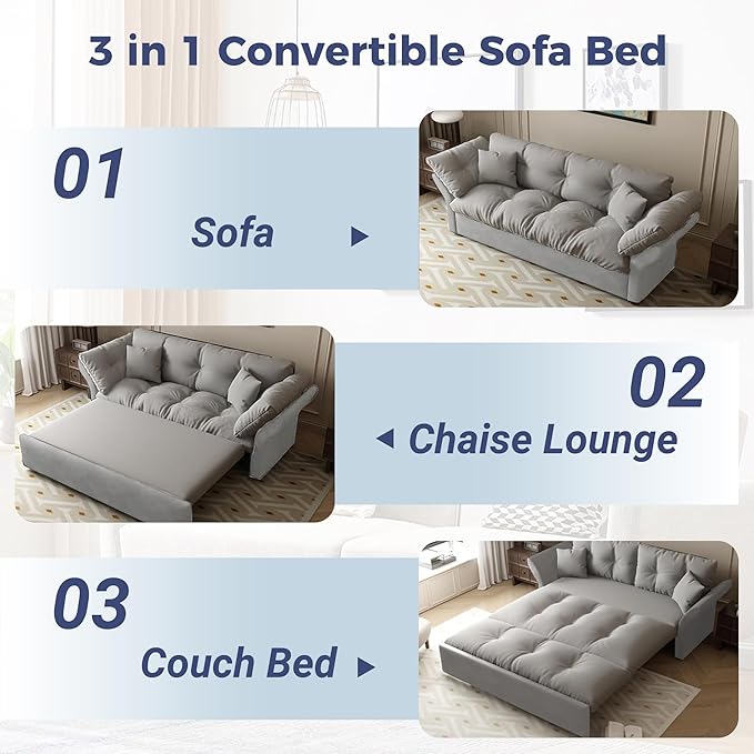 74.8 Queen Size Sleeper Sofa with Pull Out Bed 3-in-1 Convertible Loveseat Sofa with 2 Pillows Portable Pull Out Chaise for Living Room Apartment Small Spaces Grey