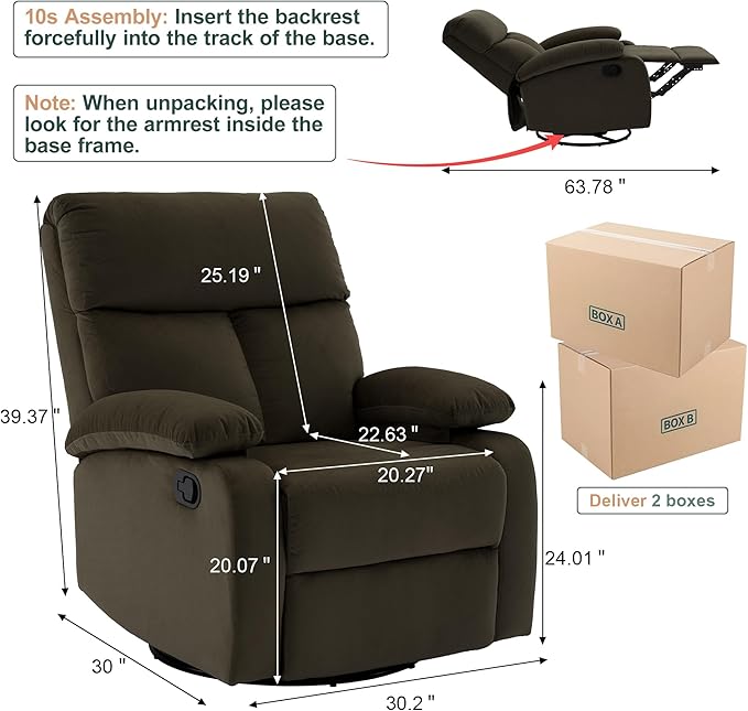 Swivel Rocker Recliner for Adults Small Recliner Chair for Small Spaces Rocking Glider-Nursery Rocking Chair for Living Room RV Nursery Bedroom Brown