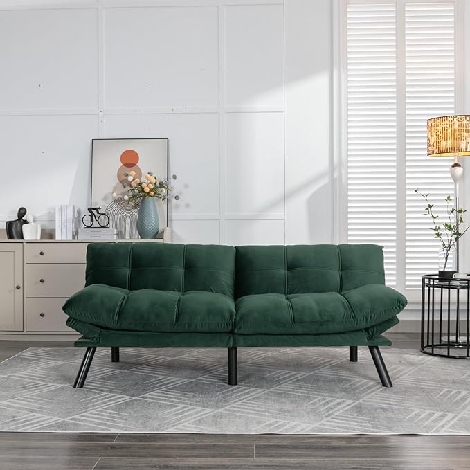 LLS 70.87 Velvet Futon Sofa Bed Modern Convertible Sleeper Sofa Couch with Adjustable Backrest and Armrests Tufted Loveseat Sofa with Metal Legs for Living Room Bedroom Apartment Emerald