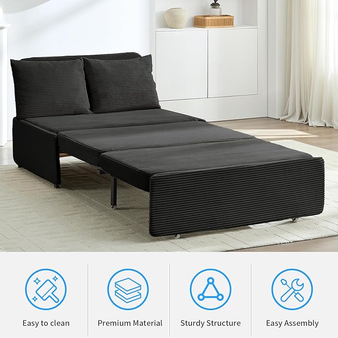 PUREMIND 3-in-1 Twin Size Pull Out Sofa Bed Convertible Corduroy Couch with Pillows and 3.9 Memory Foam Mattress Loveseat Sofa-Bed for Living Room Apartment (Dark Grey)