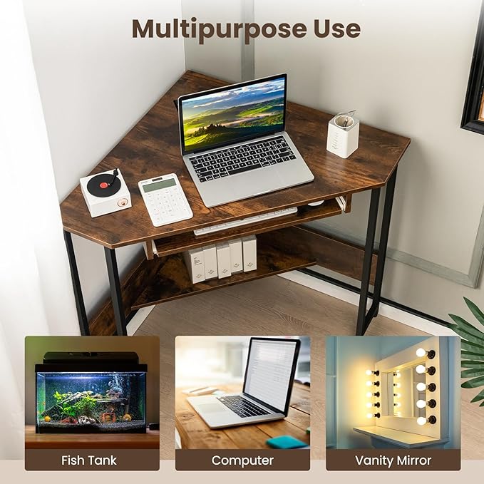 Corner Desk with Outlets &amp USB Ports Computer Desk W/Storage Shelf &amp Keyboard Tray for Small Space Industrial Small Side Table for Home Office Workstation Rustic Brown
