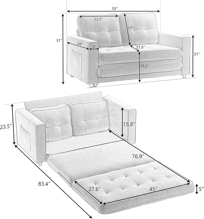 Folding Futon Loveseat Sleeper Sofa Bed with Pullout Couch Bed Comfy Convertible Floor Sofa Bed Cup Holder&amp Side Pockets for Bedroom Living Room Small Space (Light Gray + Cup Holder)