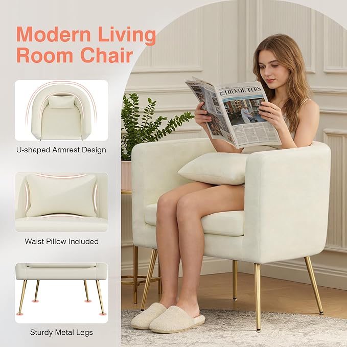 Velvet Accent Chair Set of 2 Modern Barrel Armchair with Lumbar Pillow &amp Gold Legs Upholstered Club Chairs for Living Room/Bedroom/Guest Reception White
