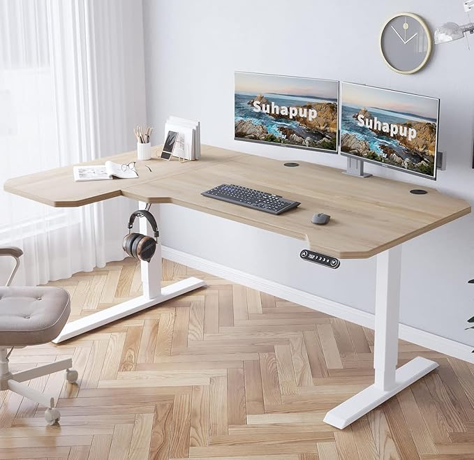 Electric Height Adjustable Standing Desk Sit - Stand Desk for Work or Home Office Push Button Memory Settings Splice Board (Light Oak 59x24)