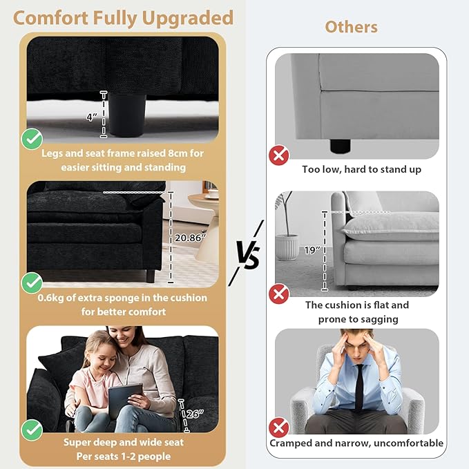 Oversized Modular Sectional Sofa 111.8 Inch U Shaped Cloud Couch Set 3-Seat Comfy Chenille Convertible Sofa with 2 Movable Ottoman DIY Combination Sleeper Couch for Living Room Black