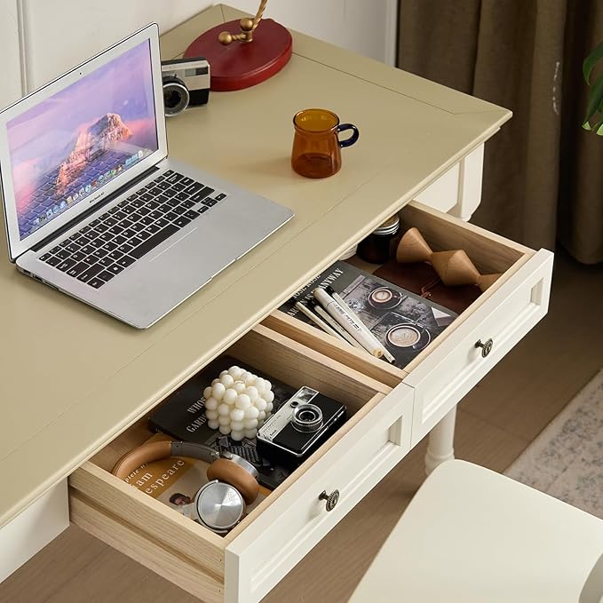 French Country Style Writing Desk35''Solid Wood Farmhouse Computer Table with DrawersSolid Wood Vanity Dressing Desk Simple Style for Home Office Study Bedroom (Beige 35in)