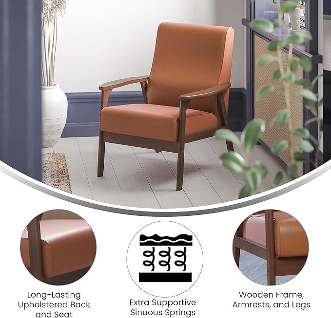 Flash Furniture Langston Commercial Mid Century Modern Chair - Cognac LeatherSoft Upholstery - Walnut Finish Wooden Frame and Arms - Extra Supportive Sinuous Springs