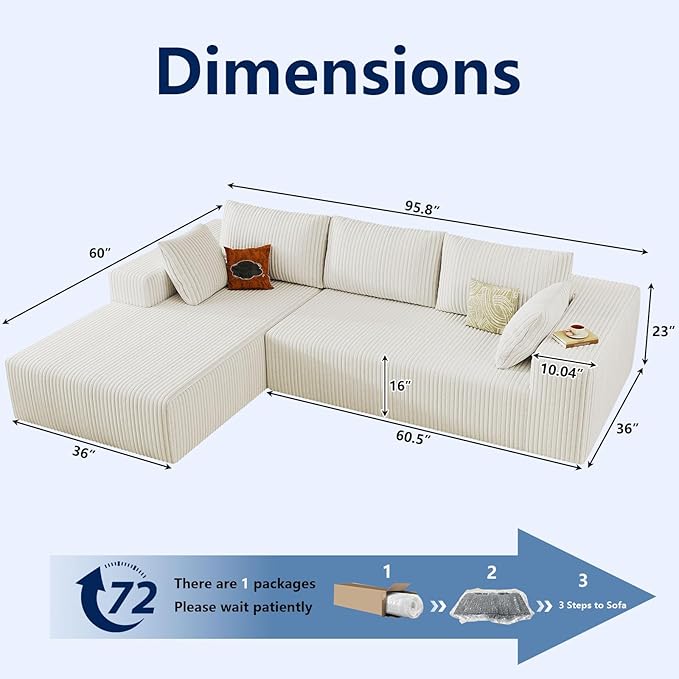 96 Modular Sectional Sofa Modern Corduroy Cloud Couch with Deep Seat Boneless Couch Upholstered 3-Seater L-Shaped Sofa for Living Room No Assembly Required (White Left-Facing Chaise)