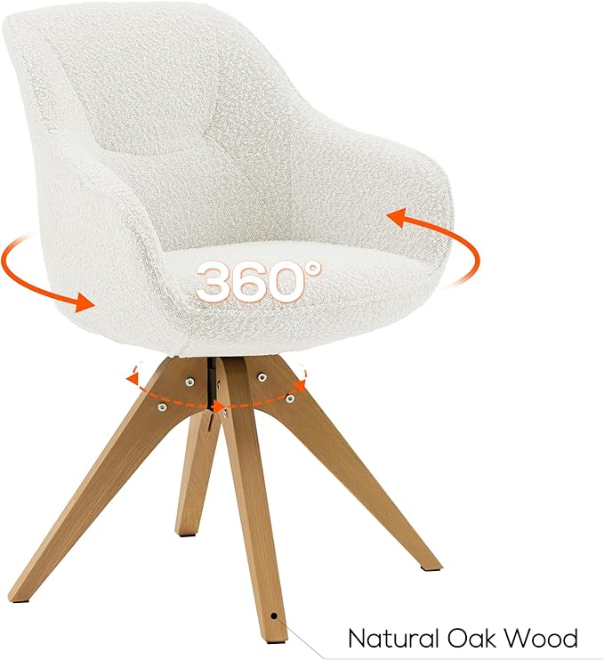 Art Leon Dining Chair - Mid Century Modern Boucle Fabric Swivel Dining Room Chair with Natural Oak Wood Legs Leisure Side Chair with Arms for Living Room White
