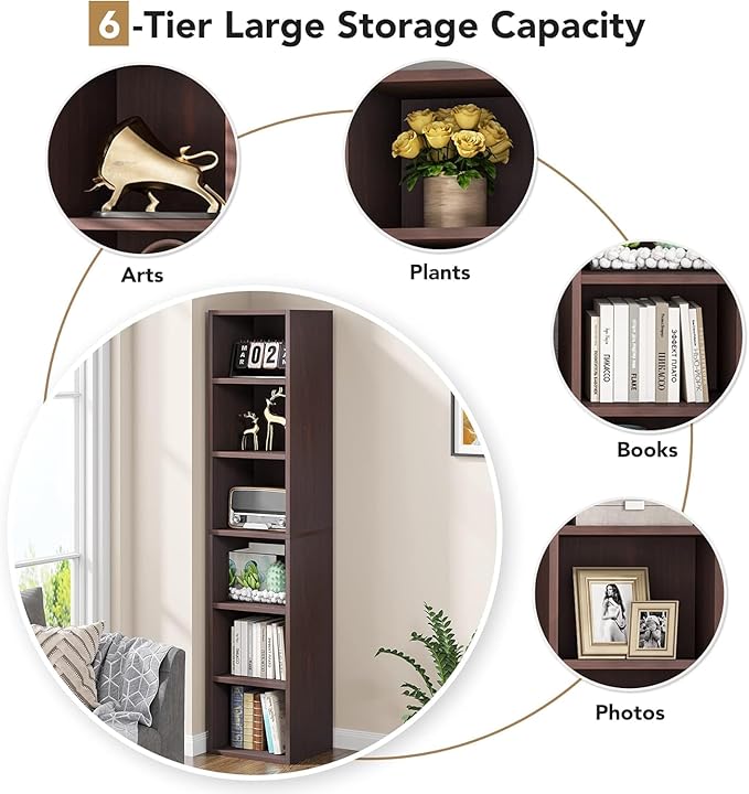 LITTLE TREE 70.9 Inch Tall Narrow Bookcase Set of 2 Modern Bookshelf 6 Tier Cube Display Shelf Storage Organizer for Small Space Brown