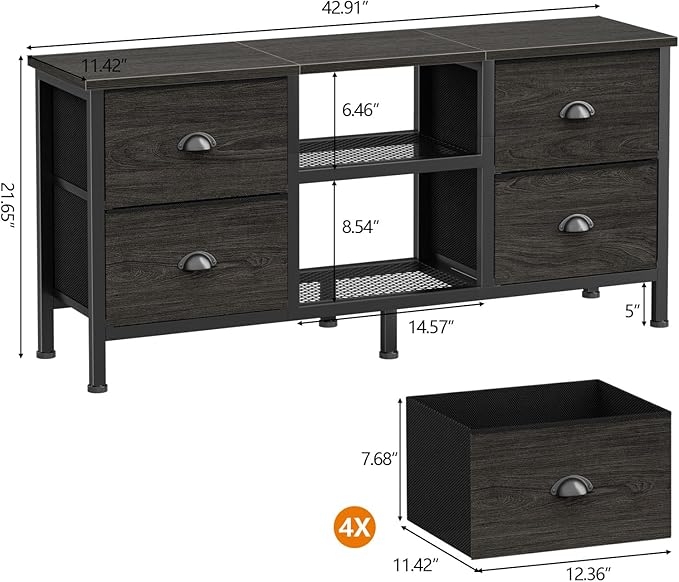 Furologee TV Stand with 4 Drawers 43 inch Entertainment Center with Open Shelves Media Center for 50 TV Television Stand for Bedroom Living Room/Light Black Oak