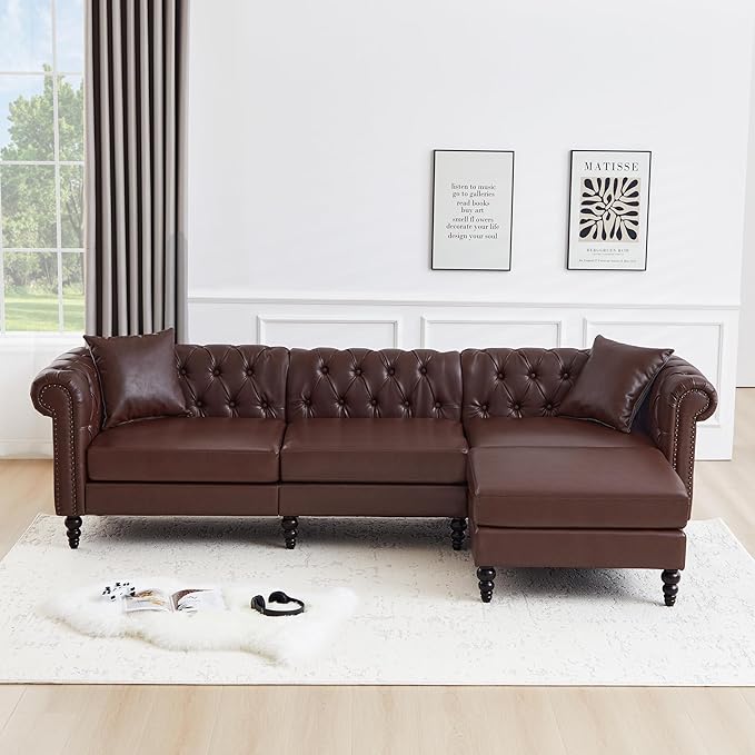 AVZEAR Chesterfield L Shaped Sofa Modular Sectional Leather Couch with Ottoman and Pillow Modern PU Deep Seat Sofa Living Room Furniture Sets for Living Room Apartment Dark Brown