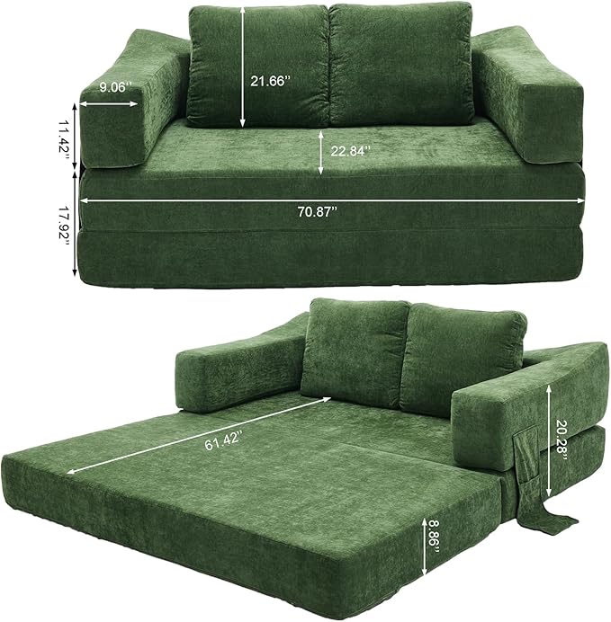 LUMISOL 70 Folding Pull Out Sofa Bed Convertible Futon Sofa Bed with Removable Armrests &amp Side Pockets Portable Foldable Floor Sleeper Sofa Couch with 2 Pillows for Living Room Green