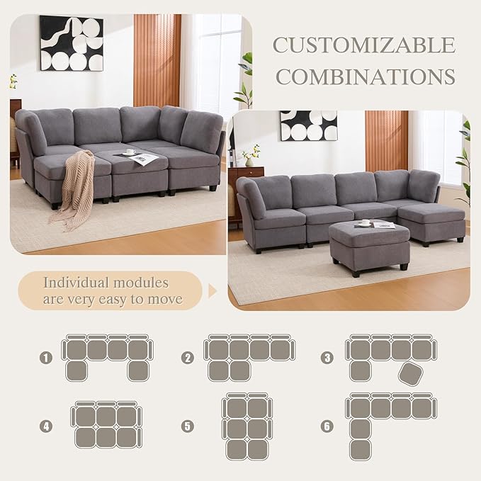 113.39 Modular Sectional Sofa 6 Seaters Sectional Sleeper Sofa U Shaped Couch Comfy Convertible Couches with Ottomans Oversized Modular Sofa with Large Storage for Living Room (Grey)