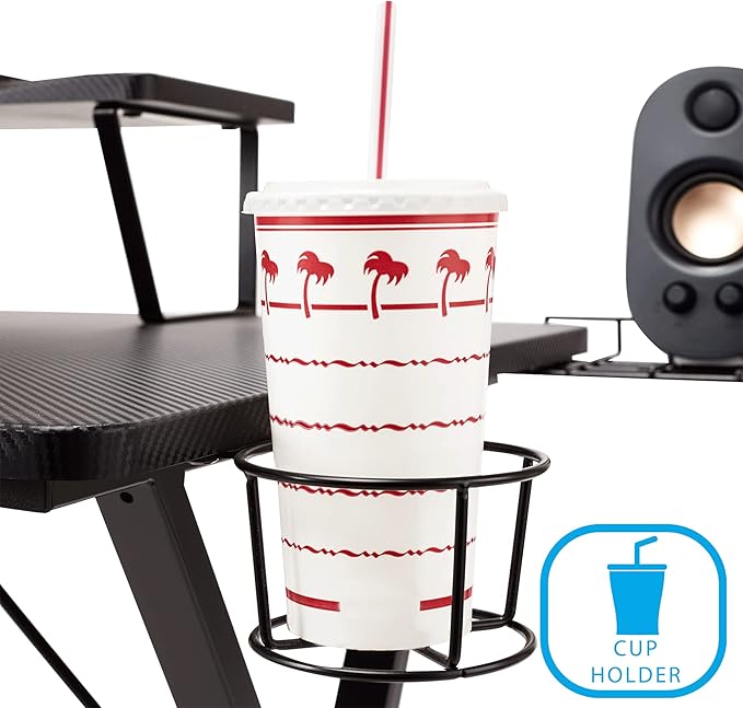 Seville Classics airLIFT Computer Writing Desk w/ Headset Cup Speaker Holders Monitor Riser Table Modern Work for Home Office Workstation Black 42 Carbon Fiber X Frame