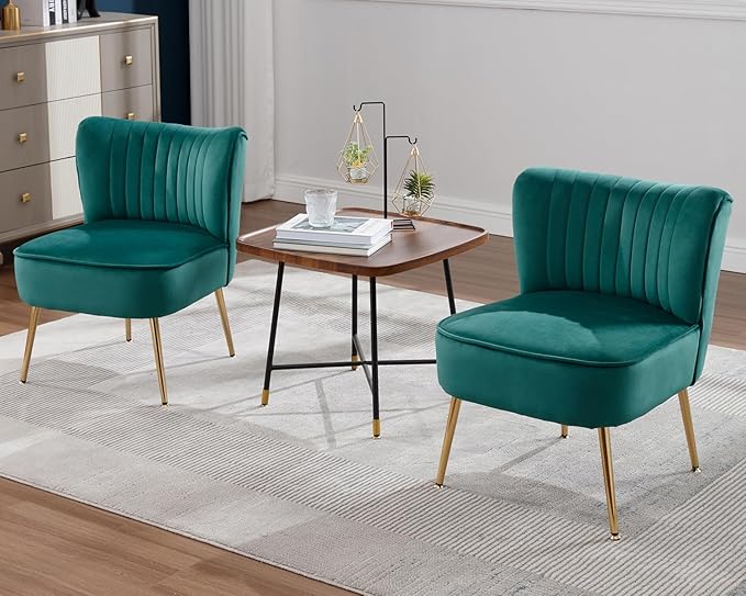 KCC Modern Velvet Upholstered Accent Chair Set of 2Mid Century Living Room Chairs with Golden LegsComfy Armless Chair Wingback Single Sofa Side Chair for BedroomDark Green