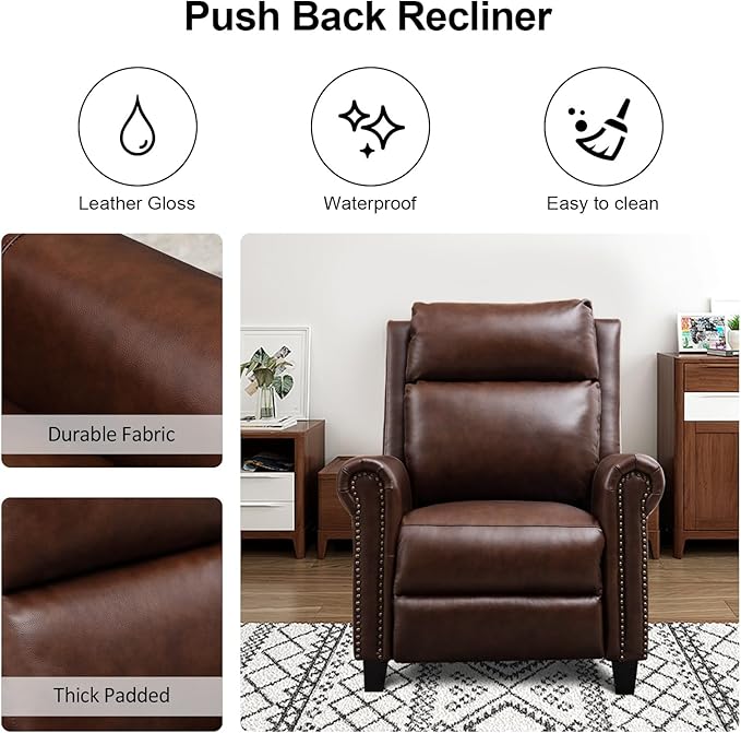 CANMOV Leather Pushback Recliner Chair Classic and Traditional Push Back Recliner Chair with Rivet Decoration for Living Room Adjustable Single Sofa Brown
