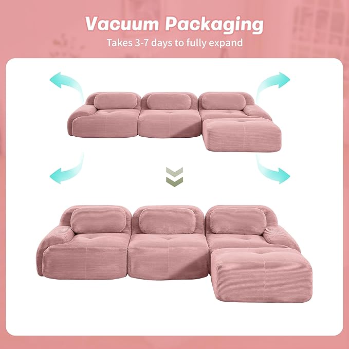 117 Boneless Couch L-Shaped Modular Sectional Sofa for Living Room Compressed Sofa with Deep Seat Corduroy Cloud Couch with Ottoman No Assembly Needed