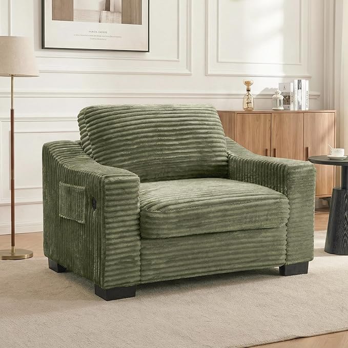 46.1''W Oversized Accent Chair Modern Single Armchair with USB Charger &amp Storage Pocket Comfy Reading Chair Tufted Corduroy Fabric for Living Room Bedroom Apartment Office (Green)