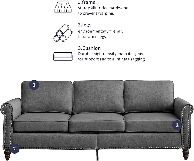 Sofa Couch 3 Seat Couches for Living Room 3 Sofa Seat for Small Spaces Mid Century Modern Couch with Armrest and Backrest Soft Cushion Sofa for Home/Office/Apartment - Dark Grey
