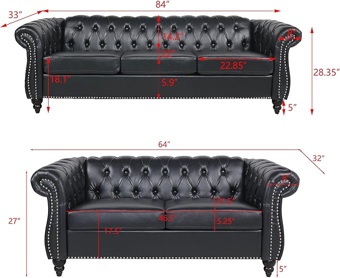 RARZOE Modern 2 Pieces Living Room Sofa Set Contemporary Tufted Button Faux Leather Three-Seater Couch and Chesterfield Loveseat with Nailhead Trim Scroll Arms for Home Furniture (Black)