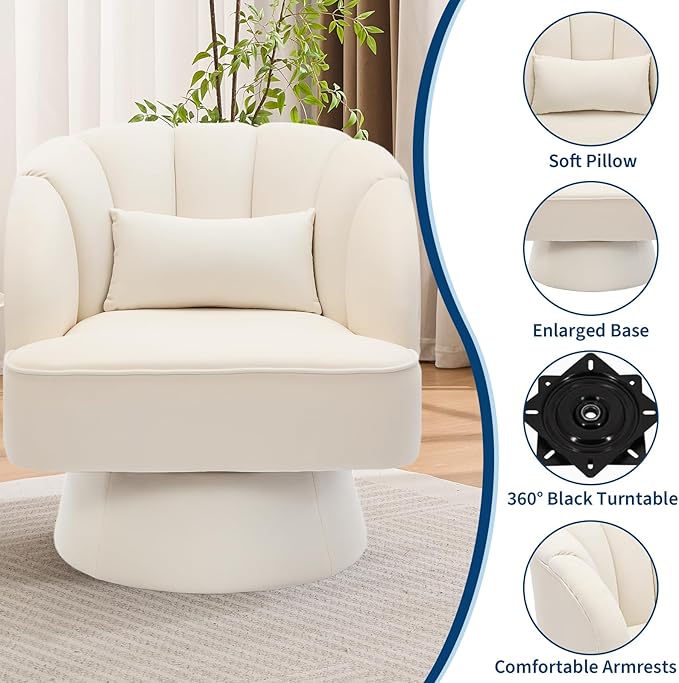 Mid Century Modern Swivel Barrel Chair - 360° Swivel Accent Chair with Plush Velvet Upholstery &amp Wide Cushioned Seat Round Lounge Sofa Chair for Living Room Bedroom Office (Beige 1 PCS)