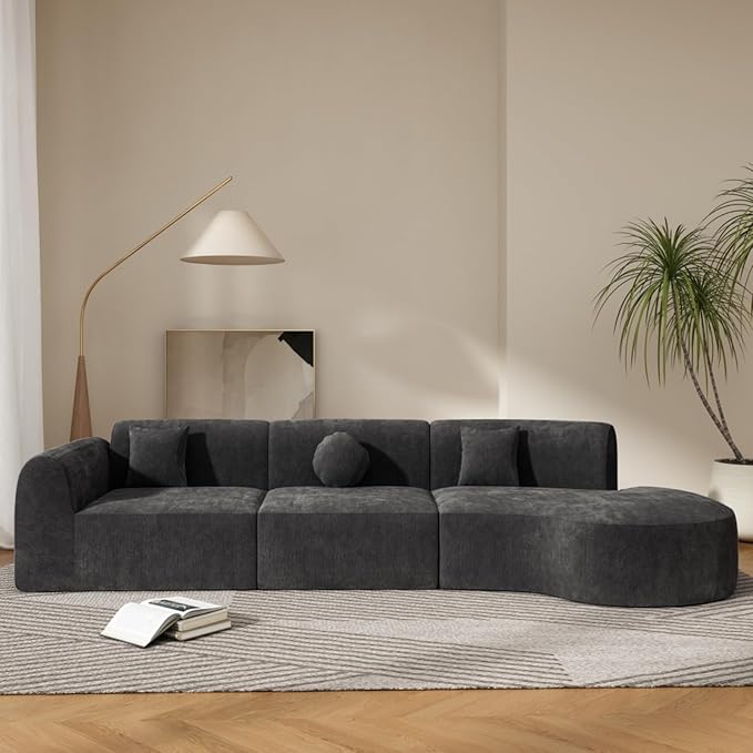 140 Modern Curved Sectional Sofa with High-Density Fully Compressed Sponge and Chaise Lounge 3-Piece Set Fully Assembled Right Hand Facing Perfect for Living Room Lounge (Dark Gray)
