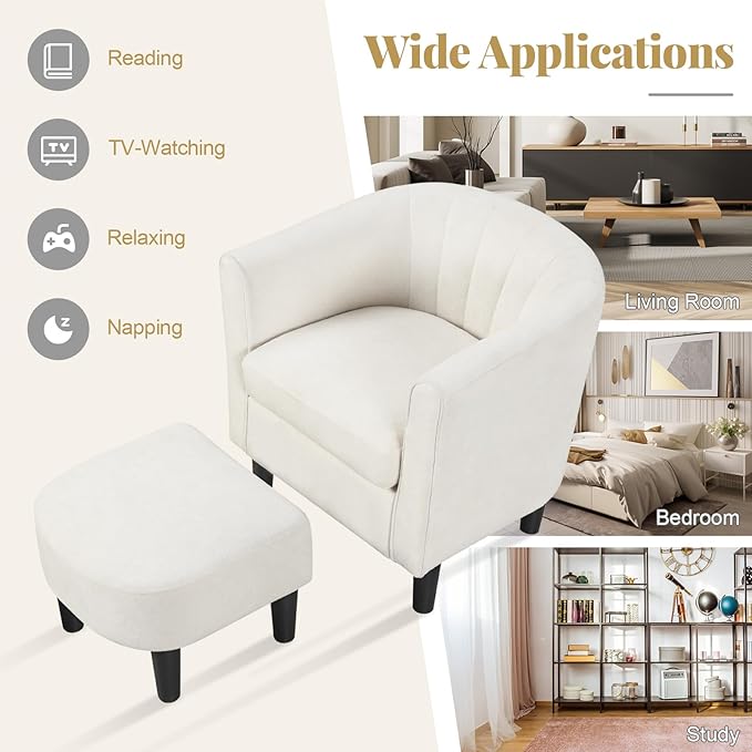 GOFLAME Accent Chair with Ottoman Modern Teddy Velvet Barrel Chair with Footrest Curved Backrest Removable Seat Cushion Upholstered Club Tub Sofa Reading Armchair for Living Room Bedroom Beige