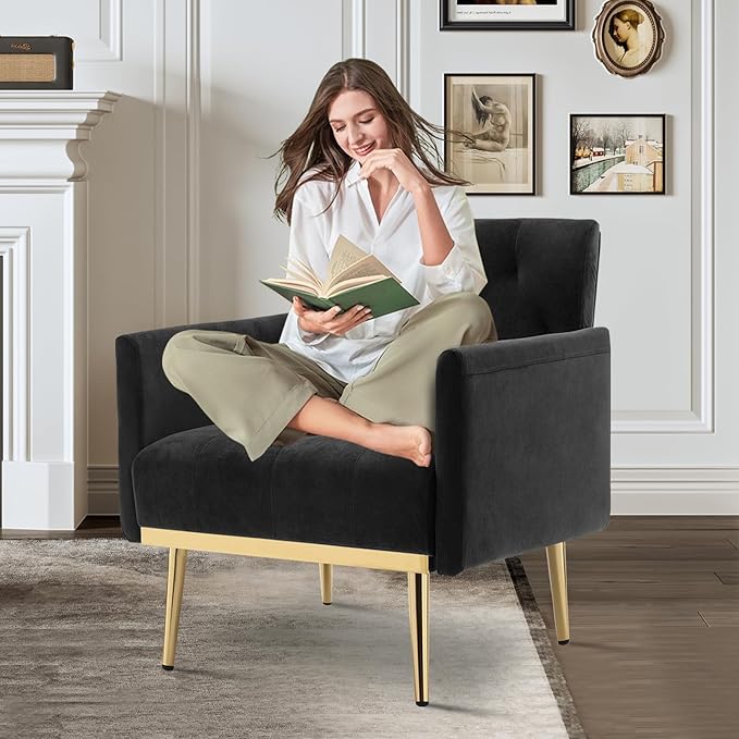 Black Velvet Accent Chairs Set of 2 Comfy Button Tufted Armchair Upholstered Arm Chair Single Sofa Reading Chairs with Arms and Gold Metal Leg for Living Room Bedroom Nursery Office