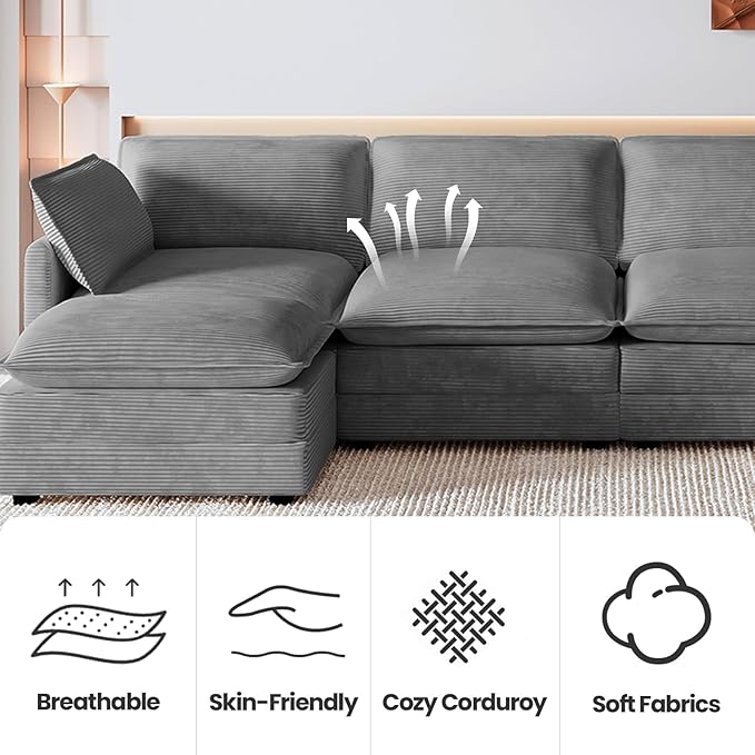 Modular Sectional Sofa 148 U-Shaped Sectional Couches for Living Room 6 Seat Modern Corduroy Cloud Couch with 2 Ottoman for Bedroom Office Apartment Dark Grey