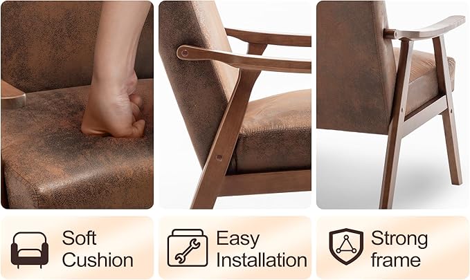 Mid-Century Modern ChairUpholstered Armchair Living Room Chair with Solid Wood Frame Comfy Reading Chairs Lounge Side Chair for Living RoomBedroomBelcony. (Brown+Fabric)