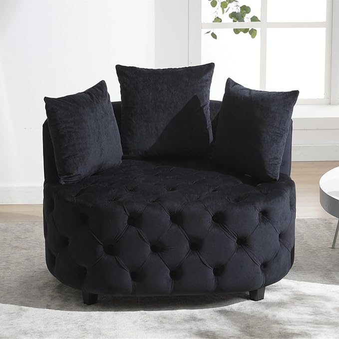 Setawix 40.6 W Round Barrel ChairModern Velvet Upholstered Accent Arm Chairs for Living RoomButton Tufted Club Chair OversizedLuxury Single Lounge Sofa Chair for BedroomOfficeHotel (Black)