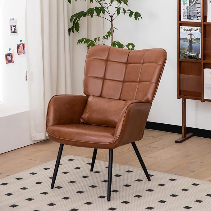 Bonded Leather Armchair Modern Accent Chair High Back Living Room Chairs with Metal Legs and Soft Padded Sofa Chairs for Home OfficeBedroomDining Room (Brown 1pc) ZO255
