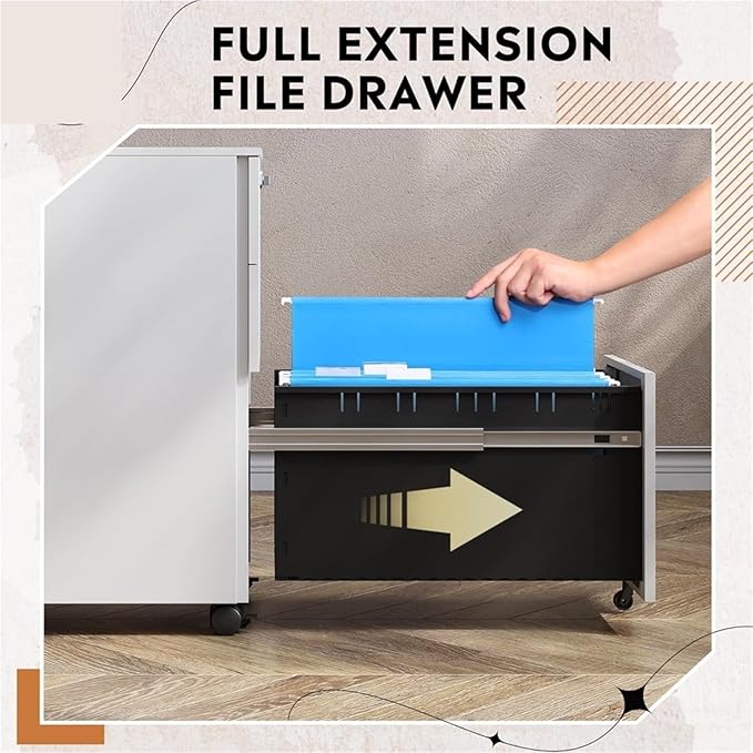 Mobile File Cabinet 3 Drawer File Cabinet W/Combination LockFully Assembled Metal Filling Except Wheels Mobile Under Cabinets(Black)