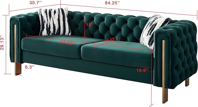 Chesterfield Modern Tufted Velvet Living Room Sofa with High Armrest and Metal Legs Decor 84.25''W 3 Seater Couch Couches Furniture for Bedroom Office (Green)