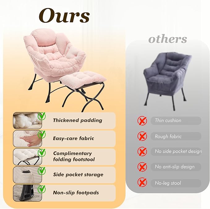 QQU Lazy Chair with Ottoman Corduroy Lounge Armchair Reading Chair with Footrest for Living Room Balcony Study (Pink)