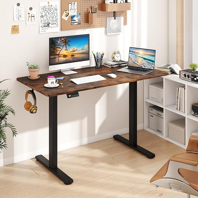 Giantex Electric Standing Desk 48 x 24 Height Adjustable Sit Stand Computer Workstation with 2 Memory Heights Headphone Hook Anti-Collision Design Home Office Computer Desk (Rustic Brown+Black)